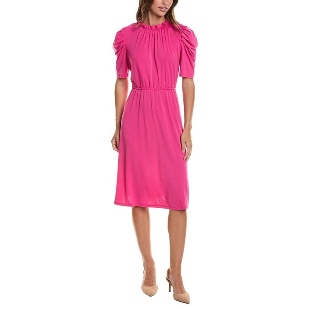 Adrianna Papell Womens Moss Crepe Ruffle Neck Midi Dress, Pink